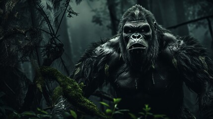 A majestic gorilla in the enchanting depths of the forest