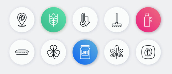 Set line Jam jar, Thermos container, Homemade pie, Chestnut leaf, Garden rake, Thermometer, Leaf and Clover icon. Vector