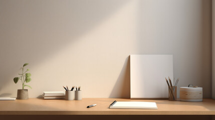 A minimalist desk with a notepad and elegant stationery 