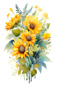 3d sunflowers watercolor design with ferns for wedding decoration, in the style of colorful palette, deliberate brushwork, powerful symbolism, simple, colorful illustrations, watercolors