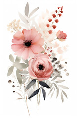 a watercolor flowers print on white background, in the style of light red and dark gray, pastel color scheme, light maroon and dark beige, colorful arrangements, illustration, light pink and white