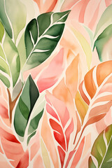 An abstract drawing in watercolor with green leaves, in the style of flat and graphic, chic illustrations, light pink and dark amber, prudence heward, tropical symbolism