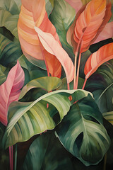 An abstract drawing in watercolor with green leaves, in the style of flat and graphic, chic illustrations, light pink and dark amber, prudence heward, tropical symbolism