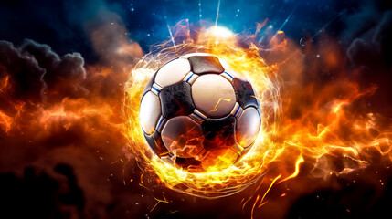 Fototapeta premium soccer ball in flash energy from lightning and fire