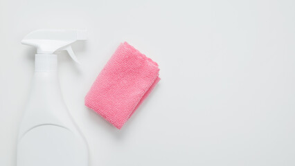 Various accessories cleaning products, sprays, rag. Top view, flat lay, copy space