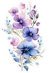 watercolor flowers illustration, in the style of light magenta and dark azure, fauna and flora accuracy, flat form, pastoral charm, playful coloration, simple, high resolution