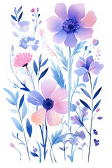 watercolor flowers illustration, in the style of light magenta and dark azure, fauna and flora accuracy, flat form, pastoral charm, playful coloration, simple, high resolution