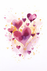 watercolor hearts illustration with gold and purple hearts, in the style of lively brushwork, dark pink and light amber, pleasing sense of harmony, dynamic still lifes, illustration, vale