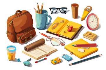 Back to school pictures, stickers for learning, globes, books. Generative AI.