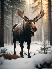 Young Male Moose Wandering in The Snowy Forest