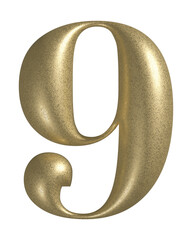 3d number 9 with realistic golden texture. Metal, inflate, luxury number nine serif font, isolated on transparent background.
