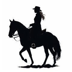 Illustration of the silhouette of a rider on a horse and white background. Generative AI.