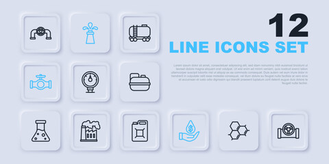 Set line Molecule oil, Oil pipe with valve, Motor gas gauge, drop dollar symbol, and industrial factory, rig and Canister for gasoline icon. Vector