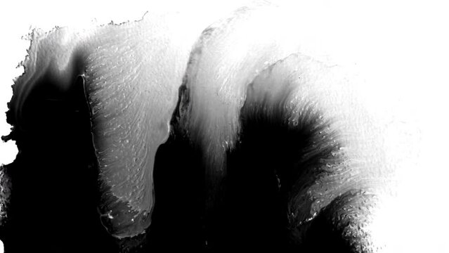 Black ink abstract background artistic flow splatter spots spills white paper beautiful reveal dripping streaks spread fluid ink alpha matte isolated watercolor ink drops transition	
