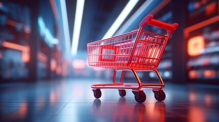 Red shopping cart on a blurred supermarket background