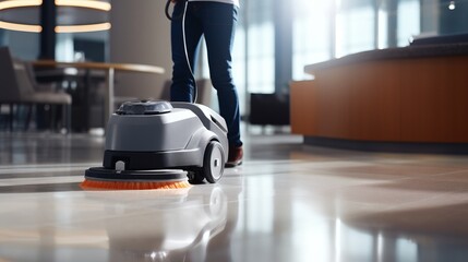 A person using a floor scruber on the floor