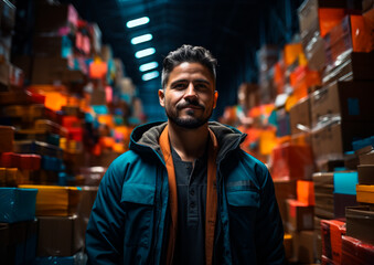 Fototapeta premium A man surrounded by numerous boxes