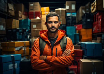 A man in an orange jacket standing in a warehouse