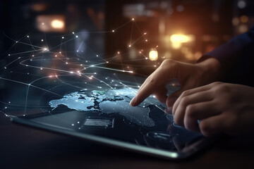 Digital marketing, Internet global network, customer connection. Businessman using digital tablet connecting with customer for global business. Generative AI.