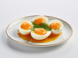 A dish of boiled eggs on a white background