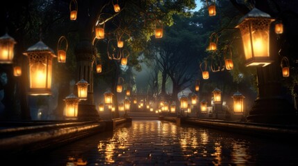 A row of lanterns lit up in the dark
