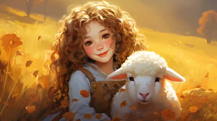 Gardinen A painting of a girl and a sheep in a field © Maria Starus
