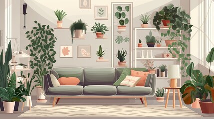 Within is a white living area with a sofa, indoor plants, and botanical posters. Flat illustration