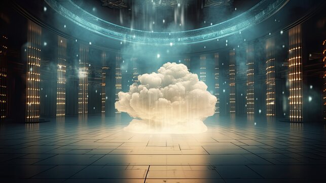 Technology that allows for cloud based database storage and safe backup transfer. In an ethereal setting, a huge cloud sign is on the right.