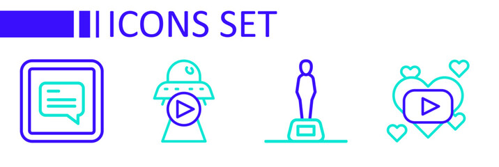 Set line Romantic movie, Movie trophy, Science fiction and Video with subtitles icon. Vector