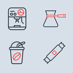 Set line Coffee turk, Iced coffee, Sugar stick packets and machine icon. Vector