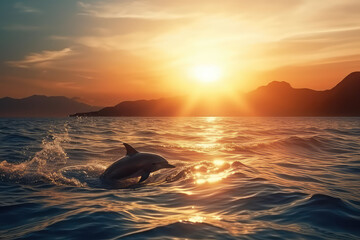 Dolphins in the ocean against the background of the sun an mountings, film photorealistic background. Generative AI.