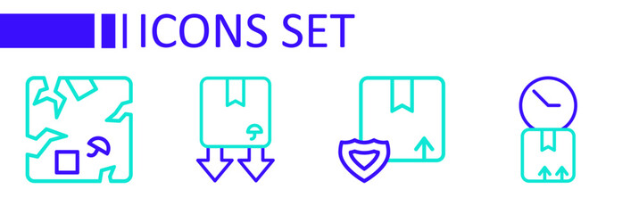 Set line Cardboard box with clock, Delivery security shield, traffic symbol and Broken cardboard icon. Vector