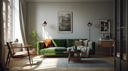 A grey sofa with a dark green blanket on top, an empty poster, and an armchair are present in a sunny living room.