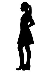 Woman figure silhouette in profile. A woman in a dress stands sideways and put her hands to her hips