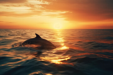 Dolphins in the ocean against the background of the sun an mountings, film photorealistic background. Generative AI.