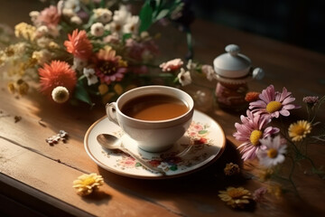 Cup of coffee, on a table with natural flowers. Generative AI.