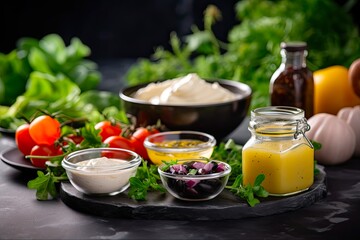 Healthy and Organic Salad Dressings Set with Vinaigrette, Mustard, and More on Dark Stone Table. Generative AI