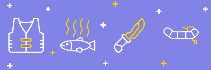 Set line Inflatable boat with motor, Knife, Dead fish and Fishing jacket icon. Vector