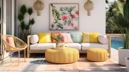 Modern and bohemian elements by pairing sleek, contemporary furniture with boho accessories like colorful textiles and vibrant artwork. Generative AI