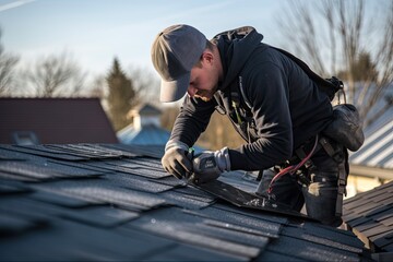 Roofing Construction: Professional Roofer Installing Asphalt Shingles for Roof Repair and Home Improvement. Generative AI - obrazy, fototapety, plakaty