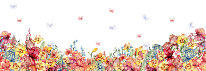 Floral seamless horizontal background. Watercolor illustration of a spring flowers.Perfect for for for wedding invitation, greetings card.