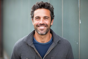 Smiling Mature Man with Hair Stubble by Wall - Copy Space Available. Image of Adult Man Leaning Against Wall with Stubble Field in Background. Generative AI
