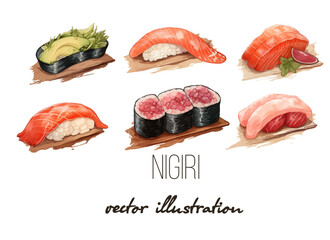 set of beautiful tasty japanese sushi seafood - watercolor hand drawn objects isolated on white background