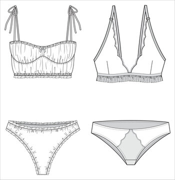 Classic lace Bra and brief panty women's lingerie two piece set design flat sketch fashion illustration vector template, Deep Triangle lace bra and pantie set