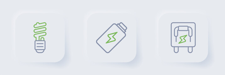 Set line Electrical panel, Battery charge and LED light bulb icon. Vector