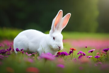 Obraz premium An adorable white bunny nibbling on fresh grass in a serene garden, with colorful butterflies fluttering around generated by AI tool
