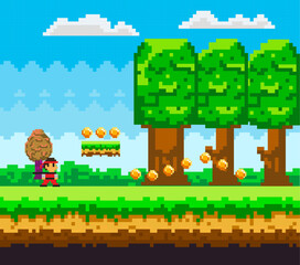 Pixel game, arcade. Retro 8 bit video game interface, computer game level up background. Landscape page of pixel game, green trees and bushes, cloudy sky with hero character and coins. Pixelated art