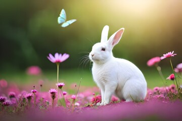 An adorable white bunny nibbling on fresh grass in a serene garden, with colorful butterflies fluttering around generated by AI tool