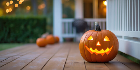 jack-o-lantern carved pumpkin on porch at night for halloween