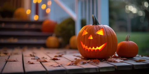 Foto op Plexiglas jack-o-lantern carved pumpkin on porch at night for halloween © Joshua Resnick